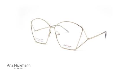 عینک طبی زنانه هیکمن فریم پروانه ای نقره ای ، محل اتصال دسته ها و حدقه مثلثی شکل - عکس از زاویه سه رخ