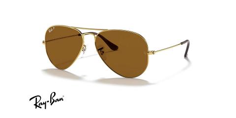 عینک آفتابی پلاریزه ری بن فریم خلبانی دو پل فلزی طلایی و عدسی قهوه ای - عکس از زاویه سه رخ
