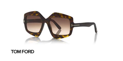 عینک آفتابی زنانه چند ضلعی تام فورد - رنگ قهوه ای هاوانا و عدسی قهوه ای طیف دار - عکس زاویه سه رخ
