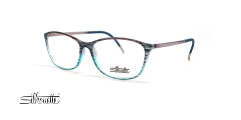 عینک طبی زنانه مدل گربه ای سیلوئت فریم شیشه ای آبی با خطوط مشکی روی آن - عکس از زاویه سه رخ