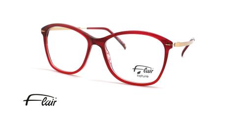 عینک طبی زنانه فلر فریم کائوچویی قرمز گربه ای دسته فلزی طلایی - عکس از زاویه سه رخ