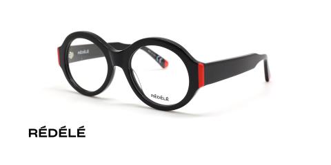 عینک طبی REDELE فریم کائوچویی بیضی خاص رنگ مشکی و گوشه های قرمز - عکس از زاویه سه رخ