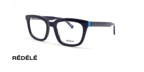 عینک طبی REDELE فریم کائوچویی مربعی ضخیم به رنگ سورمه ای و محل اتصال دسته به حدقه آبی - عکس از زاویه سه رخ