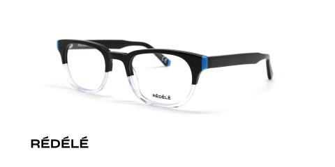 عینک طبی ردل فریم کائوچویی بیضی رنگ مشکی ،شیشه ای و گوشه های آبی رنگ - عکس از زاویه سه رخ
