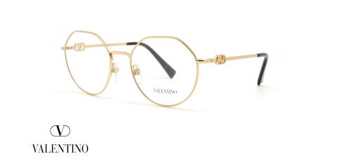 عینک طبی زنانه ولنتینو فریم فلزی چندضلعی و گرد رنگ طلایی - عکس از زاویه سه رخ