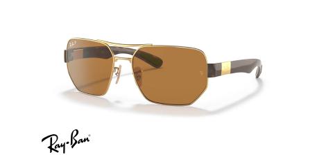 عینک آفتابی ری بن فریم چند ضلعی طلایی عدسی قهوه ای پلاریزه - عکس از زاویه سه رخ