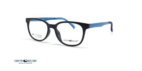عینک طبی رویه دار سنترواستایل فریم کائوچویی بیضی رنگ مشکی و دسته های آبی - عکس از زاویه سه رخ 