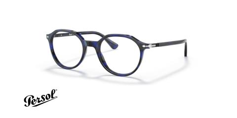 عینک طبی Persolفریم کائوچویی چند ضلعی رنگ آبی هاوانا عکس از زاویه سه رخ
