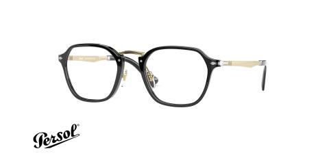 عینک طبی کائوچویی مربعی پرسول - رنگ مشکی با پل و دسته های طلایی - عکس زاویه سه رخ