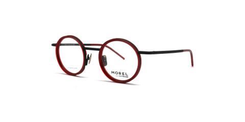 عینک طبی ژان نوول فریم کائوچویی گرد فلزی قرمز با خطوط مشکی - عکس از زاویه سه رخ