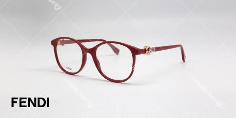 عینک طبی فندی - قرمز رنگ - کائوچویی با فلز طلایی نماد فندی روی دسته - عکاسی وحدت - زاویه سه رخ