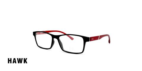 عینک طبی رویه دار هاوک فریم کائوچویی مستطیلی مشکی با دسته های قرمز - عکاسی وحدت - عکس از زاویه سه رخ 