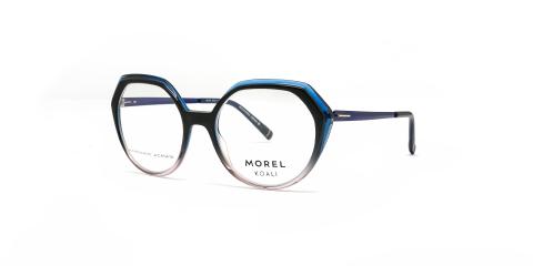 عینک طبی زنانه کوالی فریم کائوچویی گرد به رنگ خاکستری و صورتی شیشه ای و ابرویی آبی - عکس از زاویه سه رخ 