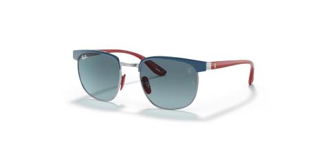 عینک آفتابی ری بن مدل فراری فریم فلزی سورمه ای براق با دسته های قرمز و عدسی آبی طیف دار - عکس از زاویه سه رخ 