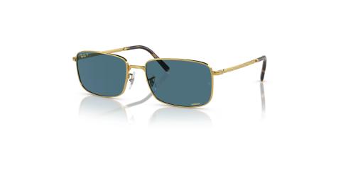 عینک آفتابی پلاریزه مستطیلی ری بن فریم فلزی طلایی براق به همراه عدسی آبی پلاریزه - عکس از زاویه سه رخ
