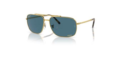 عینک آفتابی پلاریزه ری بن فریم فلزی دو پل طلایی براق به همراه عدسی آبی - عکس از زاویه سه رخ