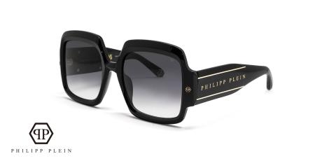 عینک آفتابی زنانه فیلیپ پلین فریم مربعی استات مشکی- دسته ها PLEIN طلایی و عدسی دودی طیف دار - عکس از زاویه سه رخ
