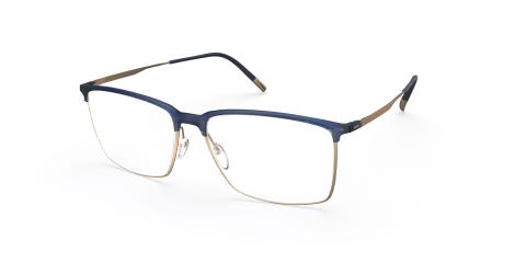 عینک طبی مستطیلی زیرگریف سیلوئت با حدقه آبی و بدنه تیتانیومی طلایی - زاویه سه‌رخ