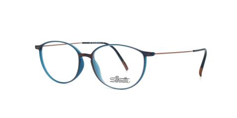 عینک طبی سیلوئت  SPX از بیرون قهوه ای و دور تا دور حدقه ها آبی به همراه دسته های تیتانیومی قهوه ای - عکس از زاویه سه‌رخ