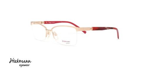 عینک طبی زیر گریف هیکمن - بدنه طلایی سر دسته قرمز هاوانا - عکاسی وحدت - زاویه سه رخ