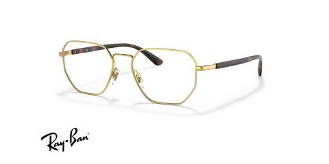 عینک طبی فلزی ری بن فریم چندضلعی رنگ طلایی با دسته های قهوه ای هاوانا - عکس از زاویه سه رخ