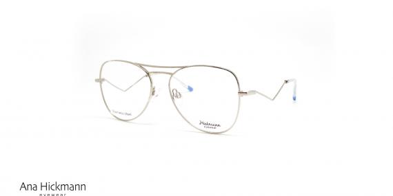 عینک طبی هیکمن زنانه فریم پروانه ای دسته های انحنا دار نقره ای آبی - عکس از زاویه سه رخ