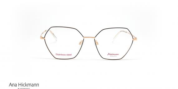عینک طبی زنانه هیکمن فریم چندضلعی فلزی طلایی و مشکی - عکس از زاویه روبرو