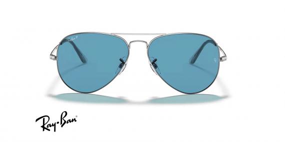 عینک آفتابی خلبانی ری بن فلزی دو پل - نقره ای و عدسی آبی - عکس از زاویه روبرو