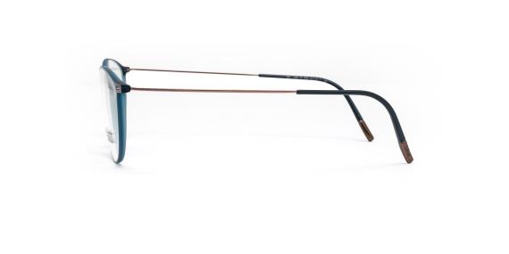 عینک طبی سیلوئت SPX از بیرون قهوه ای و دور تا دور حدقه ها آبی به همراه دسته های تیتانیومی قهوه ای - عکس از زاویه کنار
