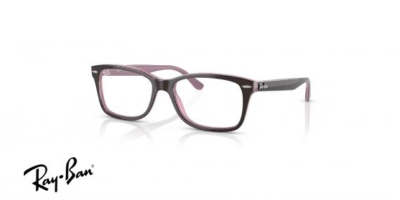 عینک طبی ری بن فریم استات مستطیلی دو رنگ روی قهوه ای براق و از داخل صورتی - عکس از زاویه سه رخ