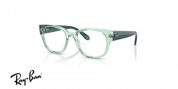 عینک طبی ری بن فریم کائوچویی مربعی ضخیم به رنگ سبز شفاف و دسته های سبز پر رنگ - عکس از زاویه سه رخ