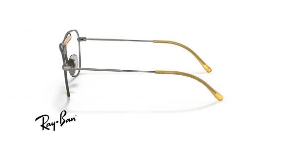 عینک طبی ری بن فریم شبه خلبانی دو پل تیتانیوم رنگ طوسی مات و زرد، حدقه های نسبتا گربه ای - عکس از زاویه کنار