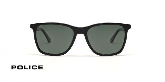 عینک آفتابی پلیس فریم کائوچویی مربعی رنگ مشکی و دسته ها قهوه ای هاوانا، عدسی سبز - عکس از زاویه روبرو