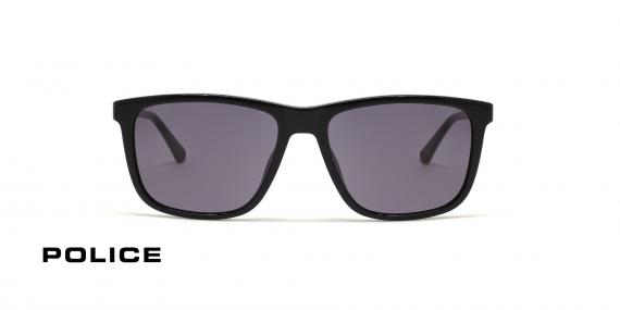 عینک آفتابی پلیس فریم کائوچویی مربعی مشکی و عدسی دودی بنفش خدقه مربعی - عکس از زاویه روبرو