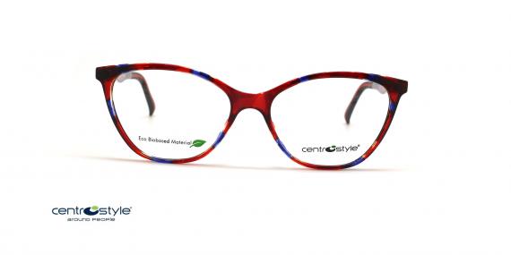عینک طبی زنانه رویه دار سنترواستایل فریم گربه ای کائوچویی قرمز آبی - عکس از زاویه روبرو