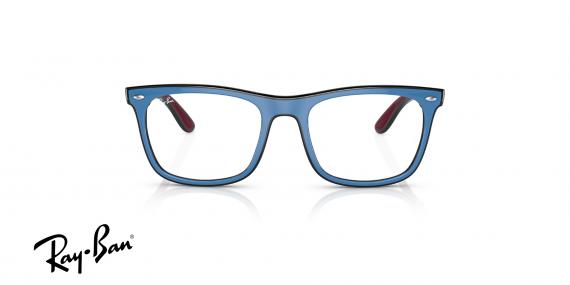 عینک طبی ری بن فریم کائوچویی مربعی به رنگ آبی و از داخل زرشکی - عکس از زاویه روبرو