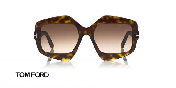 عینک آفتابی زنانه چند ضلعی تام فورد - رنگ قهوه ای هاوانا و عدسی قهوه ای طیف دار - عکس زاویه روبرو
