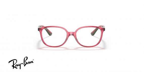 عینک طبی بچگانه ری بن فریم استات مربعی حدقه ها قرمز شفاف و دسته ها قرمز و طوسی - عکس از زاویه روبرو