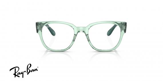 عینک طبی ری بن فریم کائوچویی مربعی ضخیم به رنگ سبز شفاف و دسته های سبز پر رنگ - عکس از زاویه روبرو
