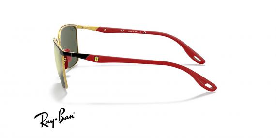 عینک آفتابی ری بن فریم فلزی مربعی مشکی ، طلایی و دسته های قرمز با عدسی سبز - عکس از زاویه کنار