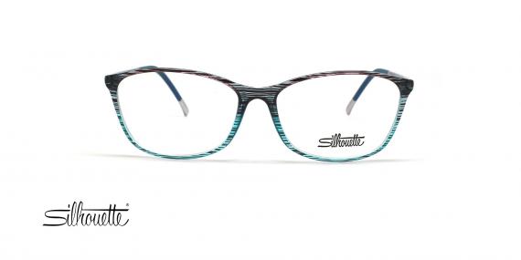عینک طبی زنانه مدل گربه ای سیلوئت فریم شیشه ای آبی با خطوط مشکی روی آن - عکس از زاویه روبرو