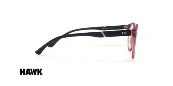 عینک طبی رویه دار هاوک فریم کائوچویی گرد صورتی چرک با دسته های مشکی - عکس از زاویه کنار