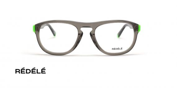 عینک طبی Rédélé فریم کائوچویی شیشه ای طوسی رنگ با خط نازک سبز فسفری روی دسته ها حدقه بیضی رنگ - عکس از زاویه روبرو