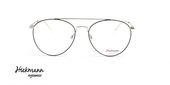 عینک طبی هیکمن فلزی گرد - فریم مشکی و پل ها و دسته های نقره ای - عکس از زاویه روبرو