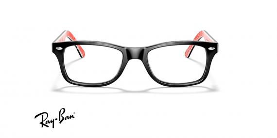 عینک طبی ری بن فریم کائوچویی مستطیلی مشکی داخل دسته ها قرمز با نوشته های لوگوی ری بن - عکس از زاویه روبرو