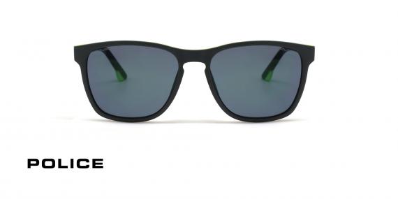 عینک آفتابی پلیس فریم کائوچویی مربعی مشکی و سبز فسفری و عدسی سورمه ای - عکس از زاویه روبرو