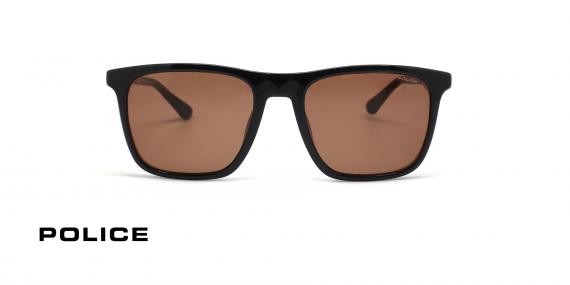 عینک آفتابی پلیس فریم کائوچویی مربعی مشکی و عدسی قهوه ای - عکس از زاویه روبرو