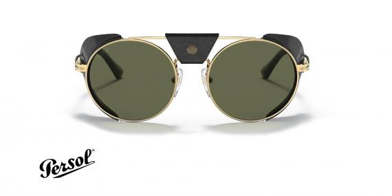 عینک آفتابی پرسول فریم فلزی طلایی و عدسی سبز پلاریزه به همراه پرده های چرمی در گوشه ها و پل بینی - عکس از زاویه روبرو