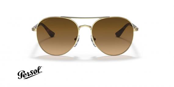 عینک آفتابی پلاریزه پرسول فریم فلزی خلبانی دو پل طلایی و عدسی قهوه ای پلاریزه - عکس از زاویه روبرو