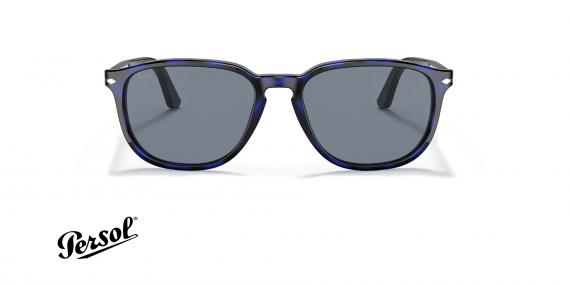 عینک آفتابی پرسول ففریم کائوچویی مربعی رنگ آبی هاوانا و عدسی دودی روشن - عکس از زاویه روبرو